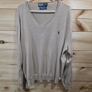 Polo Ralph Lauren Tan Cotton V-Neck Sweater Size XL